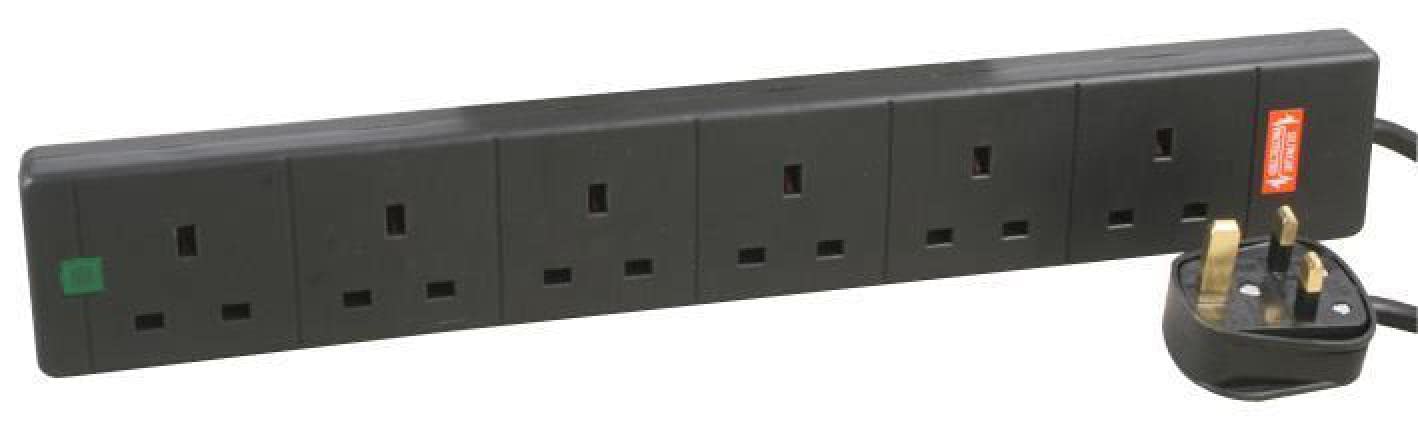 Pro Elec Black 2M 6 Way Surge Protected Extension Lead,