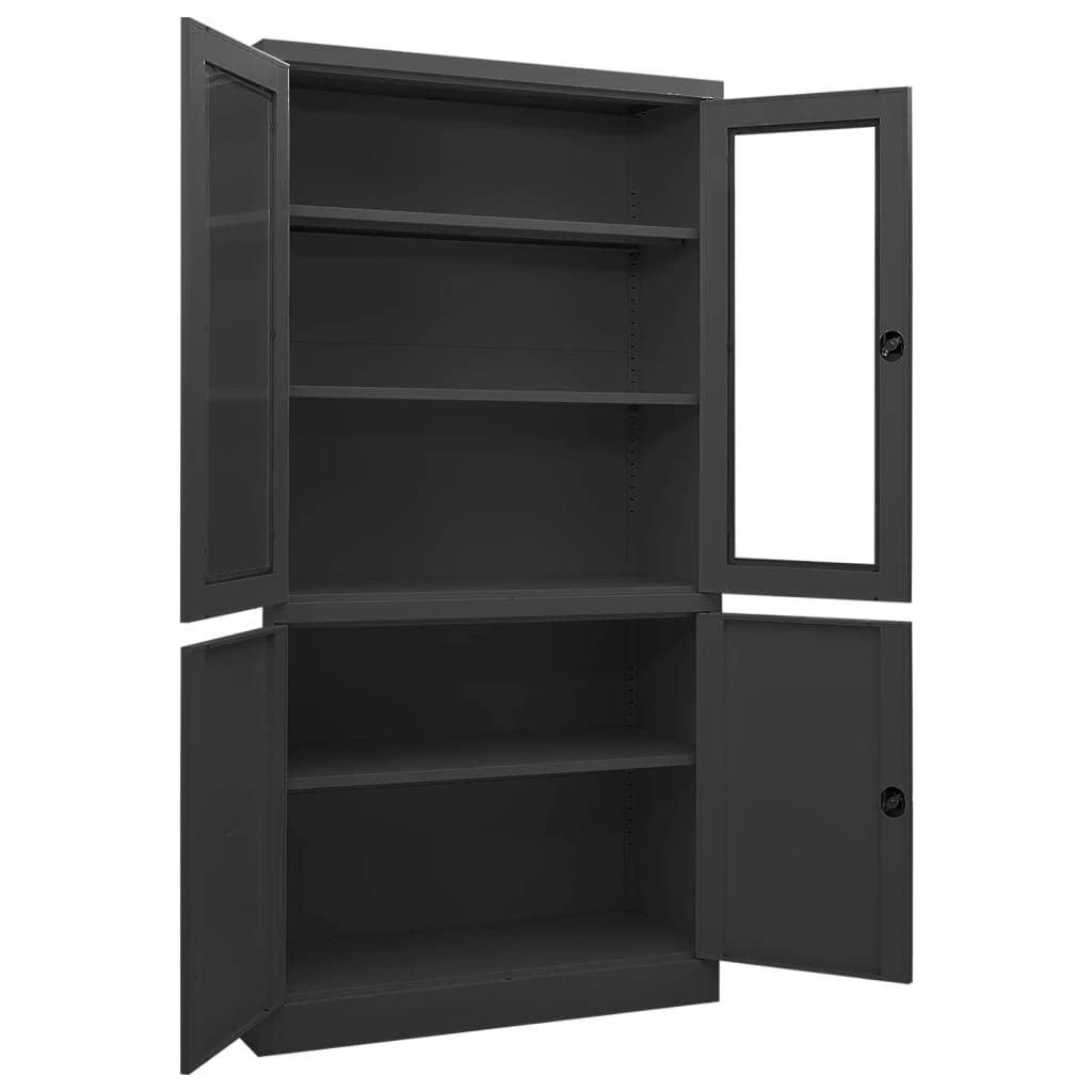 Hothingwell Antracytowa szafka biurkowa 90x40x180 cm ze stali, segregator z 3 regulowanymi półkami i 2 zamkami, drzwi ze szkła hartowanego do bezpiecznego przechowywania.