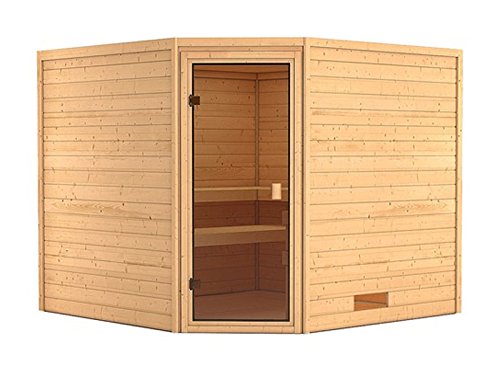 Woodfeeling 38 mm Massiv Sauna Donan mit Dachkranz (Eckeinstieg)- für niedrige Räume-4