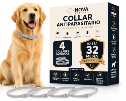 Collar Antiparasitario Perros 4 Unidades, 32 Meses de Proteccion Efectiva, Collar Antipulgas y Garrapatas con Aceites Esenciales Naturales, 65 cm Ajustable e Impermeable para Todos los Perros