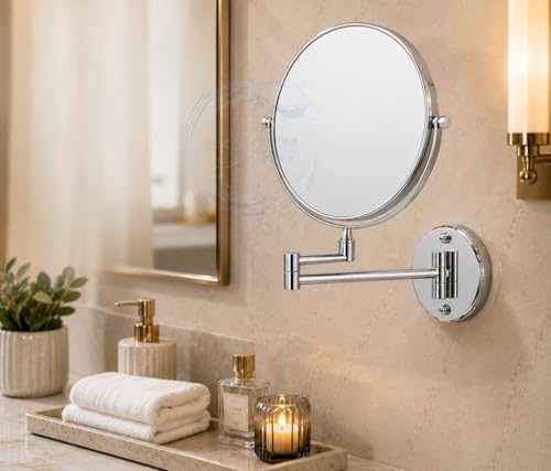 Image of BATH GURU 8 Inch 360 Shaving Mirror | Chrome Finish & 3X Magnification | Mirror for Makeup with Wall Mount Bracket | Shaving & Makeup Mirror for Bathroom & Vanity | 360 Swivel Extendable Arm