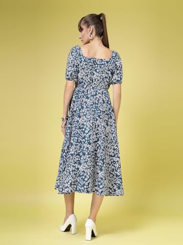 Image of OOMPH! Below Knee Shift Pink Dress in Crepe Fabric with Round Neck and Puff Sleeves - md619l
