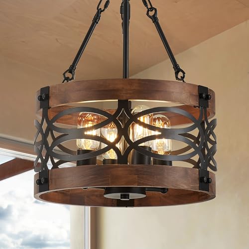 Faibra 4-Light Farmhouse Drum Wood Pendant Light 13.8'' Vintage Rustic Brown Oak Wood Chandeliers,Retro Industrial Hanging Light Fixtures for Dining Room Entryway, Bedroom