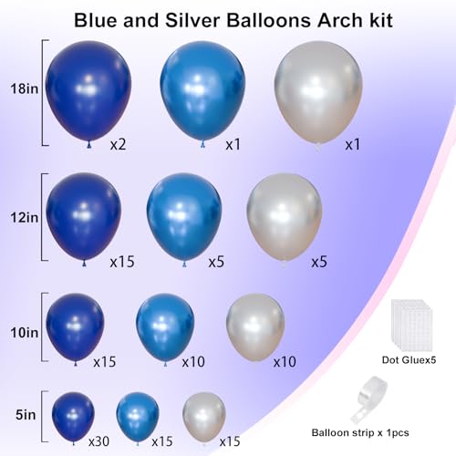 Image of Blue Balloon Arch Kit, Navy Blue and Silver Balloons Garland Arch Kit with Different Size, Metallic Blue Silver Balloons for Birthday Baby Shower Graduations Class of 2026 Prom Decorations