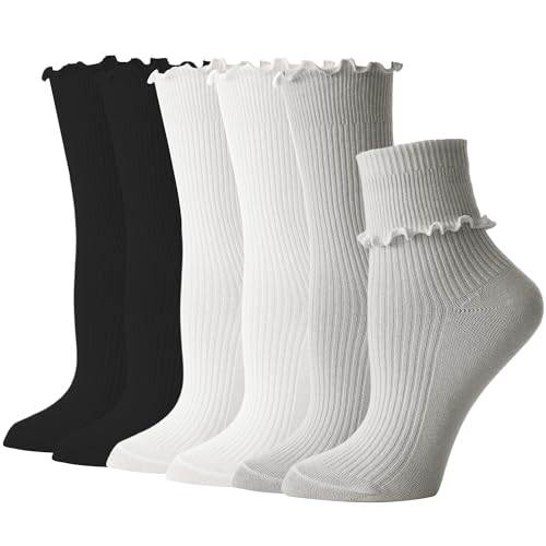 BONANGEL Ruffle Socks Woman, 6 Pairs Cute White Turn-Cuff Lettuce Edge Ruffle Frilly Socks Women