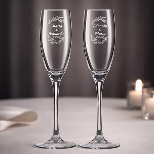 Wanapix | Pack 2 Flûtes à Champagne Personnalisés | Coupes de Champagne avec Gravure | Fêtes/Anniversaire/Mariage | Verres à Champagne | Verre 20cl | Noms et Date