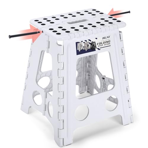 Image of Delxo 16 Inch Folding Step Stool, White Step Stools for Kids Foldable,Portable Collapsible Step Stool with Handle, Folding Stool for Kitchen Bathroom,Bedroom,Garden