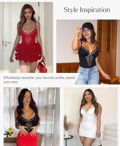 Popilush Lace Bodysuits for Women Corset Shapewear Tummy Control Body Suits V Neck Thong Underwired Outfits Side Zipper4