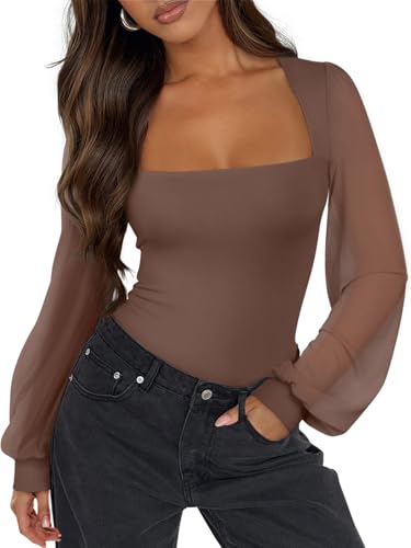 Image of PINKMSTYLE Women's Square Neck Double Lined Mesh Long Sleeve Bodysuits | Sheer Puff Sleeve Body Suit,Slim fit Trendy Going Out Tops,Concert Outfit