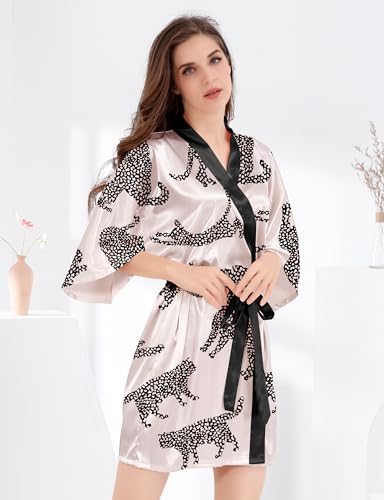 Image of MORFORU Women Bride Bridesmaid Silky Satin Kimono Robe Solid Color Sleepwear for Wedding Party Getting Ready, Short