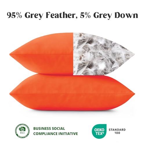 puredown® Outdoor Waterproof Throw Pillows, 16 x 16 Inch Feathers and Down Filled Decorative Square Pillows for Garden Patio Bench, Pack of 2, Orange