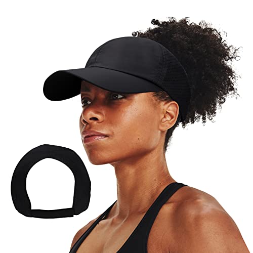 Butitnow Women Backless Ponytail Baseball Cap For Curly Hair, Afro Puff, High Messy Bun, Adjustable Perforated Ponycap Black