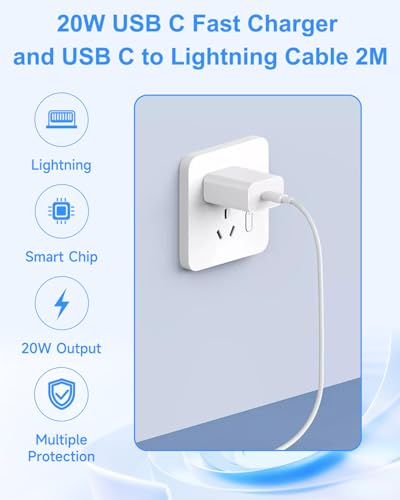 iPhone snellader met snellaadkabel, 2 m, Apple MFi gecertificeerd, 20 W USB C oplader, iPhone voeding, USB C laadadapter, snellader, adater, USB C voor iPhone 14, 13, 12, 11 Pro Max/XS/XR/SE/8/iPad - Afbeelding 3