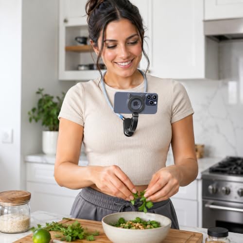 Image of Magnetic Neck Phone Holder with Strong MagSafe Mount, Flexible Hands-Free POV Recording Stand, 360 Adjustable Foldable Mobile Holder for Vlogging, Travel, Cooking & Video Shooting