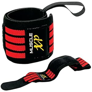 MuscleXP DrFitness+ 18″ 300 D Polyester Cotton, Imported Rubber Wrist Band with Thumb Loop Support, Strap for Men and Women, (Black and Red)