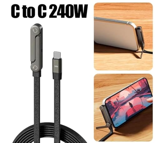 Image of 240W USB Type C to Type C Fast Charging Cable with Foldable Phone Stand, 90 Degree Elbow Nylon Braided Data Cable, 480 Mbps USB C Charger Cord for Gaming, Tablets, Smartphones and Laptops