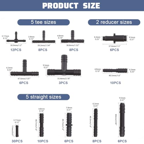 Zuxbolf 113-teiliges Schlauchverbinder Set T Stück Verbinder 12 Größen Schlauch Verbindungsstück Universelles Bewässerung Zubehör für Garten Tropfschlauch wasserdicht & langlebig aus Kunststoff