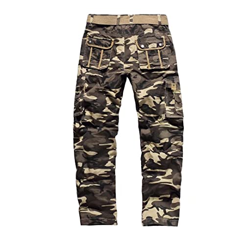 Bellnorth Mens Cargo Pants With Pockets Fashion Camouflage Long Pant Belted Outdoor Workwear Tactical Cotton Pants Open Bottom(Camo Khaki,Size 30) #TOP1