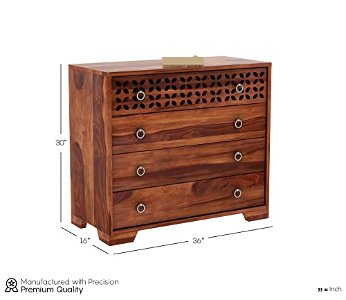 Image of SHIKHA WOOD CRAFT Solid Sheesham Wood Sideboard Cabinet with 4 Drawers | Multipurpose Handcrafted Wooden Chest of Drawers for Kitchen, Crockery, Living Room, Bedroom and Home Furniture (Honey Finish)