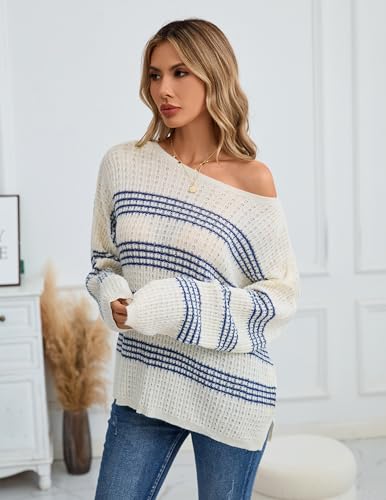 Image of Libsorge Womens Oversized Sexy Off The Shoulder Boat Neck Cute Striped Lightweight Sweater Fall Winter 2025 Trendy Waffle Knit Crewneck Long Sleeve Pullover Top Apricot L