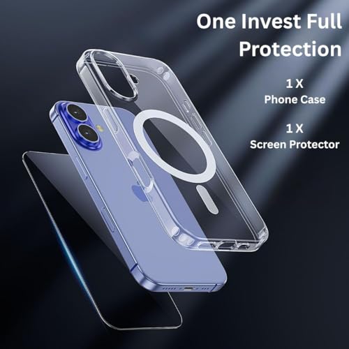 Image of Back Cover Case + Tempered Glass for Apple iPhone 16 Plus | Mag-Safe Compatible | Transparent Mobile Phone Back Cover Case for i Phone 16 Plus | i Phone 16Plus TPU Transparent Case Cover