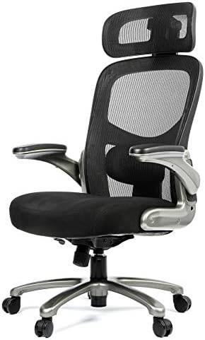 OFFICE FACTOR 500 Lbs Rated Ergonomic Big and Tall Office Chair Flip-Up arms, Mesh Office Chair, Swivel Office Chair with Anti Scratch Wheels, Mesh Executive Chair (Black with Headrest)