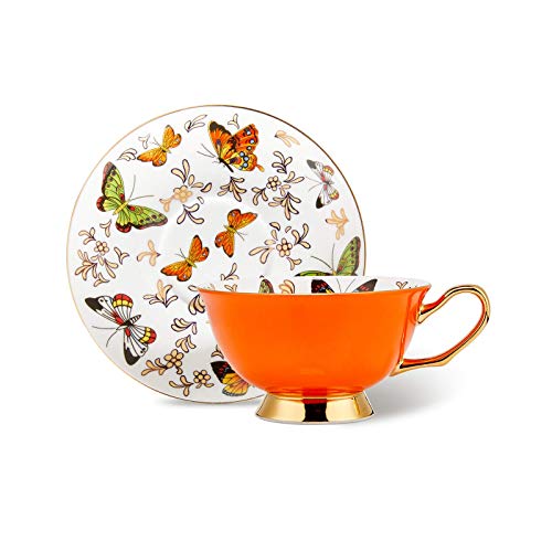 Lurrier Coffee Cup Mug With Saucer For Latte, Cappuccino Tea With Butterflies 6.8 Oz Fine Bone China, Dishwasher Safe, Reactive Glaze, 1 Pcs #TOP4