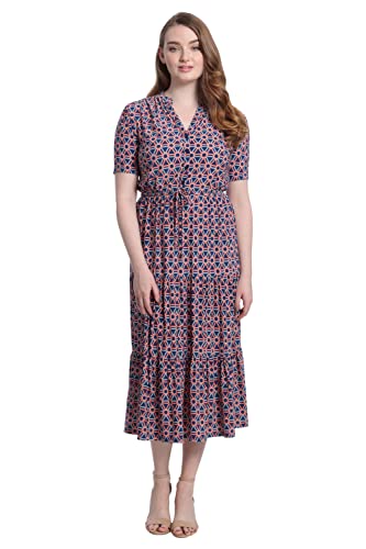 London Times Damen Midikleid mit Knopfleiste und kurzen Ärmeln, mit Taillengürtel Kleid, blau/orange, Klein Cover