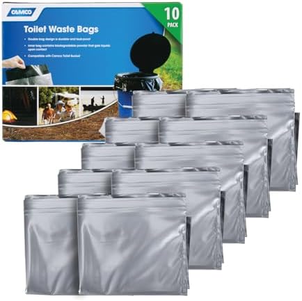 Camco Toilet Waste Bags - Features Biodegradable Powder & Leak Proof Double Bag Design - Great for Camping, RVing, Hiking, or Boating - 10-Pack (41548)