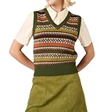 Women Vintage Knit Crop Sweater Boho Sleeveless V Neck Colorful Argyle Plaid Pattern Slim Fit Preppy Sweater Vest (Green, S)