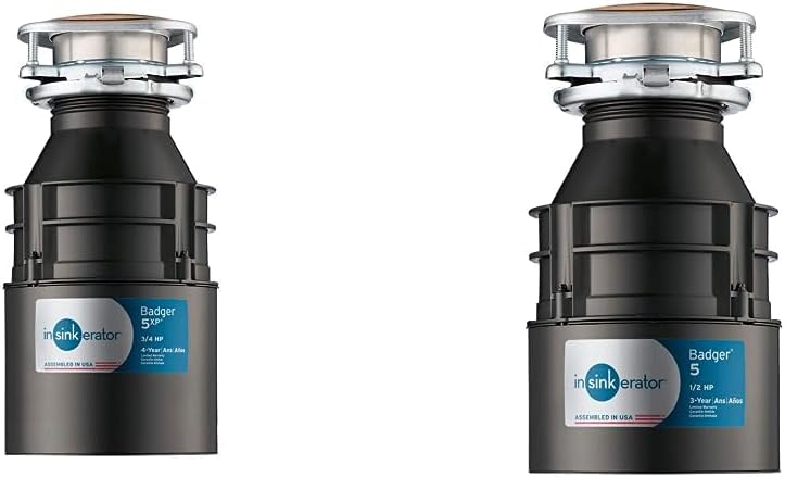 InSinkErator Garbage Disposal, Badger 5XP, Power Series, 3/4 HP Continuous Feed, Black & Garbage Disposal, Badger 5, Standard Series, 1/2 HP Continuous Feed, Black