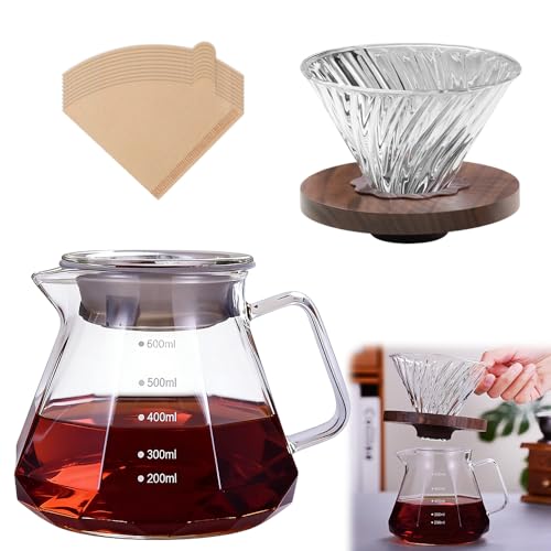 Image of NAVESO Pour Over Coffee Maker, 600ML Borosilicate Glass Coffee Server, Coffee Filter Jug with 100 PCS Paper Filter, Walnut Base, Glass Lid and Glass Funnel for Home Café Restaurant Camping
