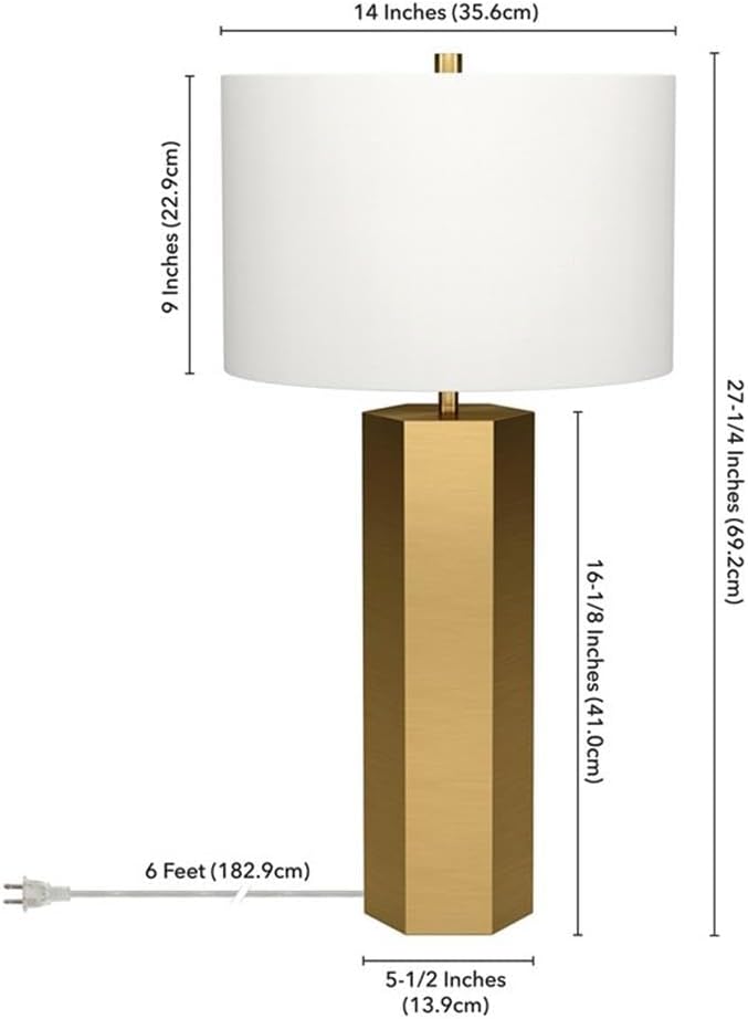 Pemberly Row Modern Table Lamp, 27.5" Tall, Brass Metal Base with White Fabric Drum Shade, Contemporary Design, 6 ft Cord with Socket Switch, Stylish Lighting for Living Room, Bedroom, Office