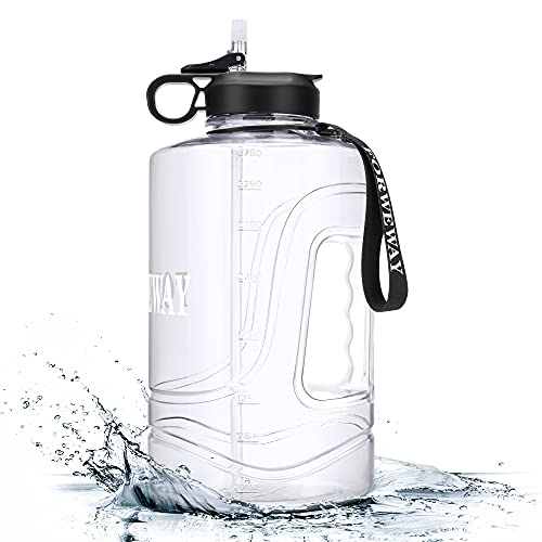 FORWEWAY Trinkflasche 3.78L, Sport Wasserflasche Groß Gallone mit Strohhalm Griff BPA Frei Auslaufsicher für Gym Fitness Outdoor Sport Büro （3.78L Transparent）