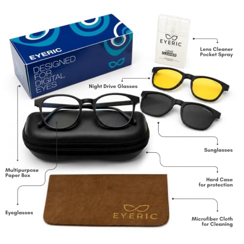 Image of Matte 3-in-1 Black Clip-On Eyeglasses Combo | Polarized & Night Vision Lenses