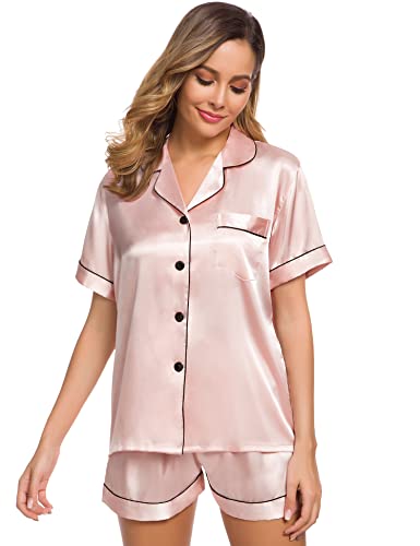 Image of SWOMOG Womens Silk Satin Pajamas Set Short Sleeve Sleepwear Button Down Top and Shorts Loungewear 2 Piece Pjs Set XS-3XL