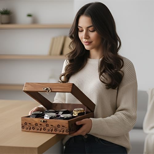 Image of Vintage Wooden Watch Box for Men, Timepiece Storage & Organizer, Watch Display Case, Jewelry Box for Women, Anniversary Gift for Husband (6 Grooves Engraved (Rosewood))