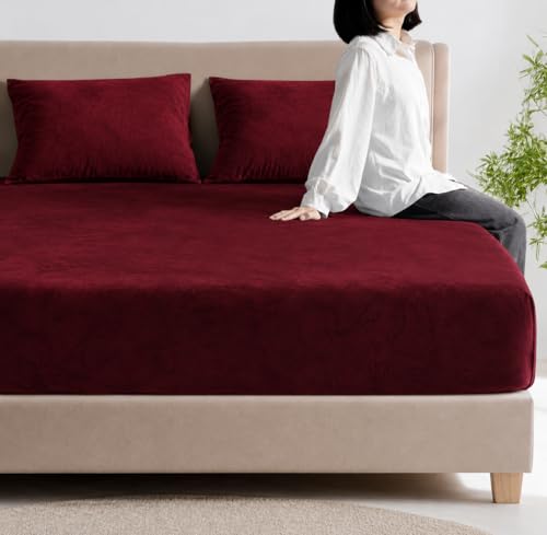 Image of Warm Flannel (Flano) King Size 330 TC Winter Fitted Bedsheet | All Side Elastic Premium Winter Soft Velvet Furnishing Bed Sheet with 2 Big Pillow Cover Size - 72 x 78 X 8 Inches Solid Maroon