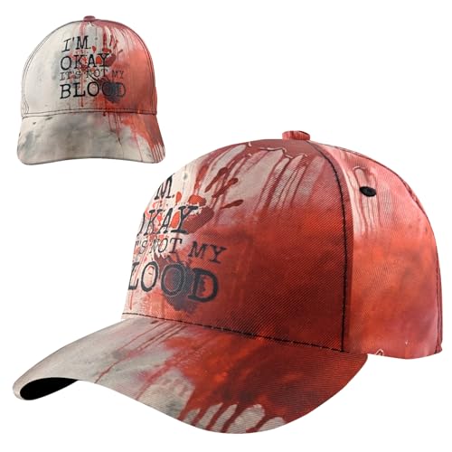Ourdort Halloween Gruselige Baseball Cap mit Blutflecken I'm Ok, It's Not My Blood Cap Unisex Horror Cosplay Accessoire, Gruselparty, Kostümzubehör