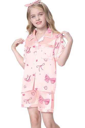 Image of Umeyda Women & Girls Pajamas Set, Soft Satin Lightweight Silk Button-Down Top with Shorts 2 Piece PJS for Mom Boys Kids Gifts