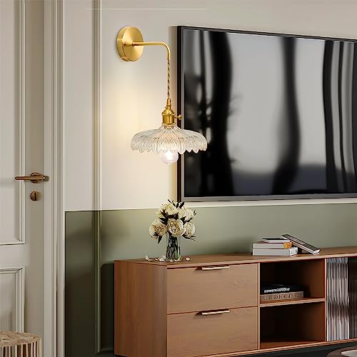 Shenmoyl Vintage 1-Light Wall Sconces Clear Flower Shade Pattern Glass Adjustable Chain Retro Gold Wall Mounted Light, Wall Lamp Fixtures Decor For Bedside Bedroom Indoor Doorway #TOP5