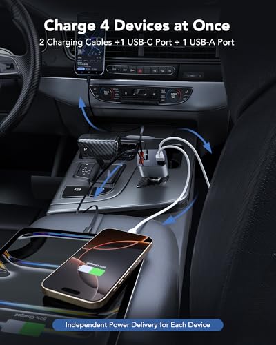 69W Retractable Car Charger, 4-in-1 Fast Car Phone Charger with 2.6ft Two - Photo 7 sur 14