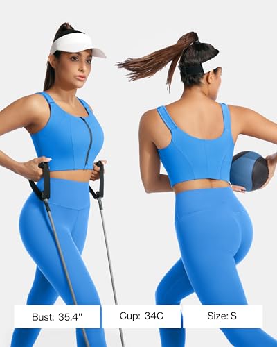 Image of High Impact Sports Bra Zipper Front Adjustable Large Bust No Bounce Wireless Workout for Women Fitness Running