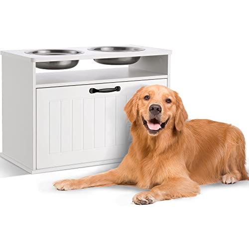 Jinlly Elevated Dog Feeding Station With Storage,Elevated Dog Food Storage Cabinet With 2 Stainless Steel Bowls, Raised Dog Bowl Feeder With Drawer For Large Dogs, White #TOP5