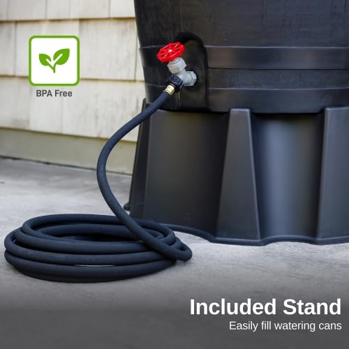 Image of RTS Home Accents 50-Gallon ECO Rain Barrel Made with 100% Recycled Plastic, Flat Back Rain Water Collection Barrel, Stand and Link Kit Included, Black (2 Pack)