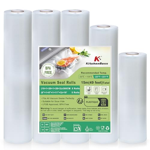 KitchenBoss Vakuumbeutel Lebensmittel 5 Rollen:Vakuumierbeutel 28x3/20x1/15x1/300 cm für Vakuumierer und Sous Vide, Vakuumierfolie Stark & Reißfest KitchenBoss Vakuumbeutel Lebensmittel 5 Rollen:Vakuumierbeutel 28x3/20x1/15x1/300 cm für Vakuumierer und Sous Vide, Vakuumierfolie Stark & Reißfest
