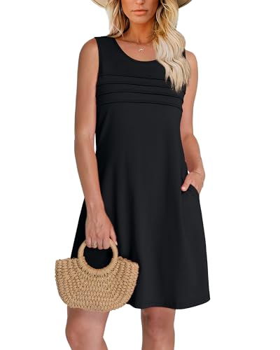 Image of OFEEFAN Womens Pleated Front Tank Dresses Fashion Spring Sleeveless Pockets Sundress Casual Summer