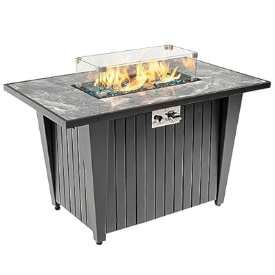 Senjoys 42'' Propane Fire Pit Table, Marble Tile Ceramic Tabletop with Glass Wind Guard, 50,000 BTU Fire Table, Inclined Leg and Art Powder Design, Blue Glass Rocks, Including Lid&Cover