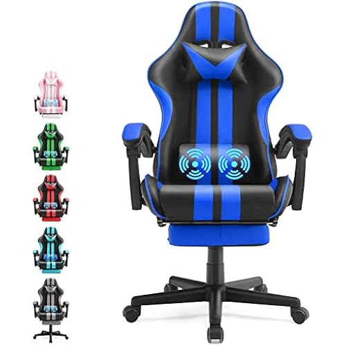 Racing Style PC Computer Chair,Computer Gaming Chair, E-Sports Chair,Ergonomic Office Chair with Height Adjustment,Retractable Footrest,Headrest and Massage Lumbar Support(Navy Blue)
