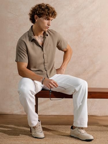 Image of WROGN Men's Cotton Linen Blend Casual Shirt | Solid Minimal Design | Slim Fit